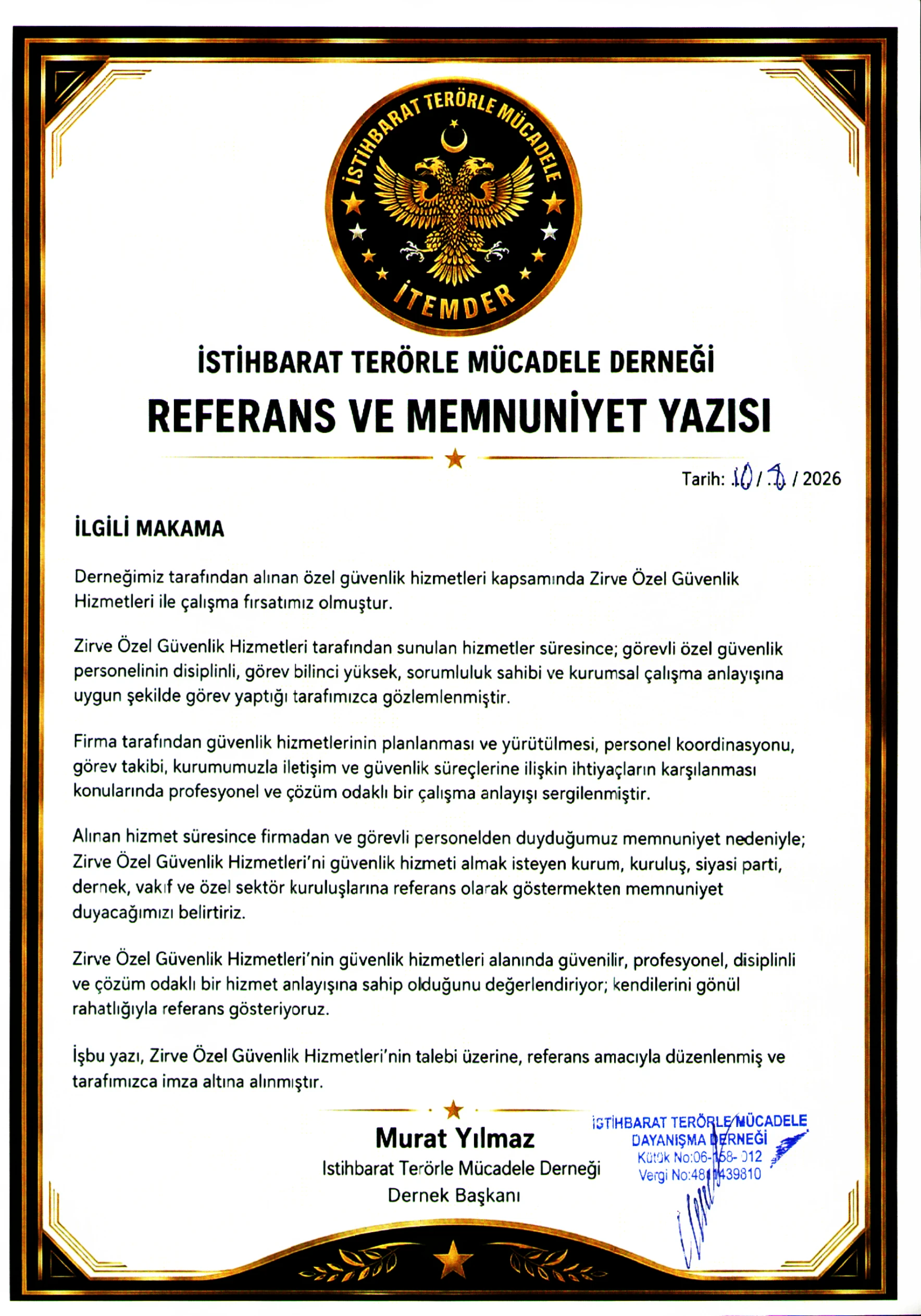 İstihbarat Terörle Mücadele Derneği Resmi Referans ve Memnuniyet Yazısı