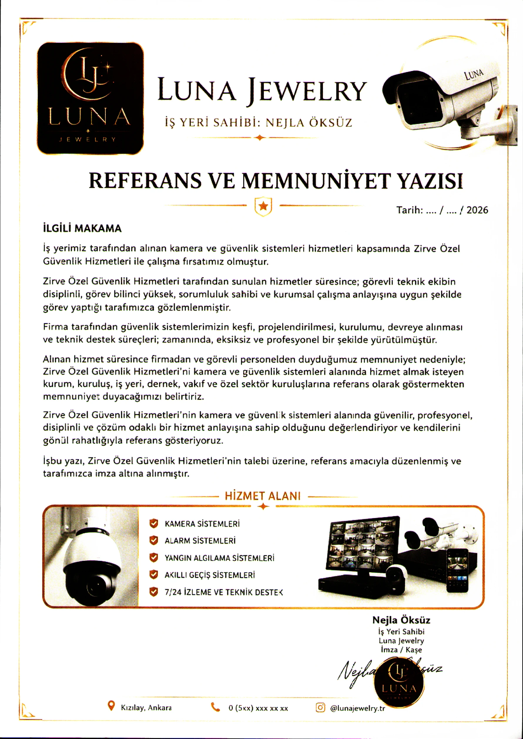 Luna Jewelry Referans ve Memnuniyet Yazısı