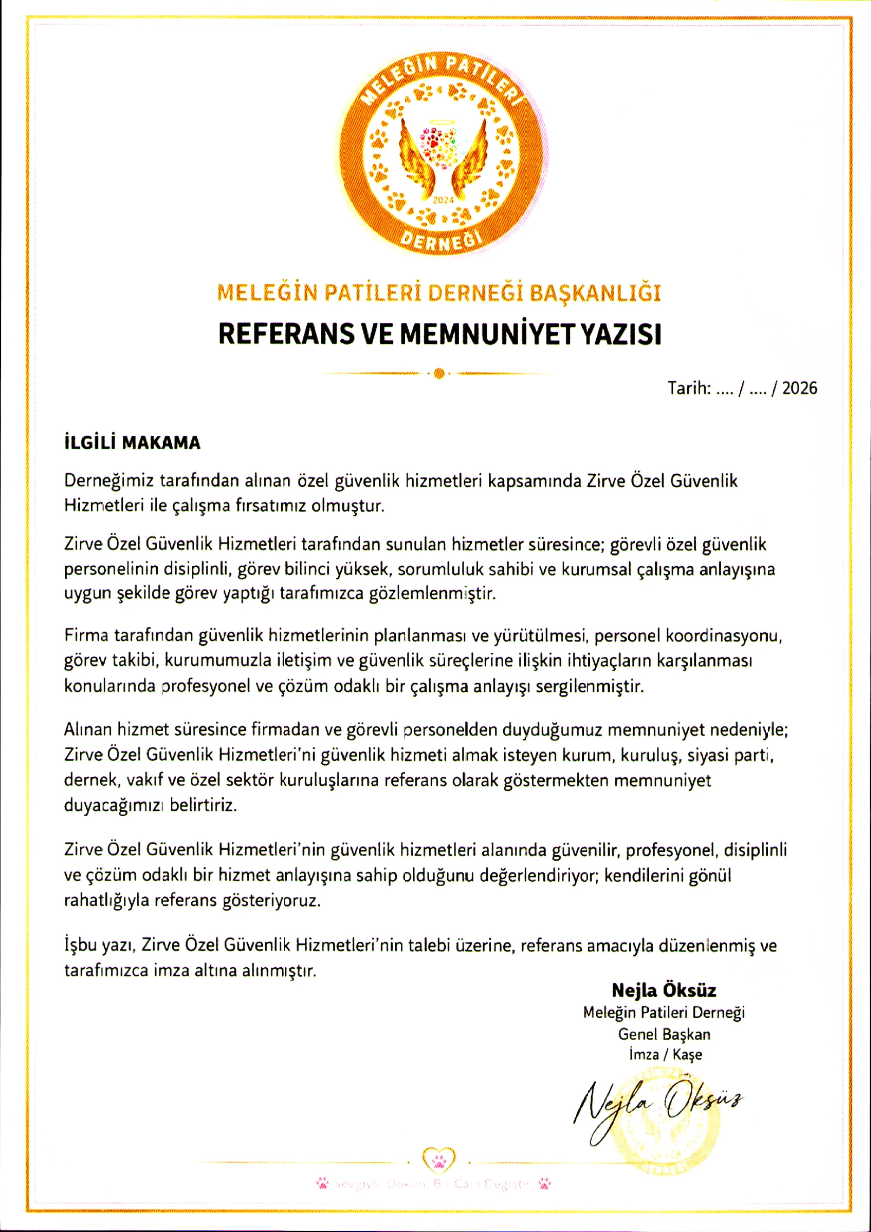 Meleğin Patileri Derneği Başkanlığı Referans ve Memnuniyet Yazısı